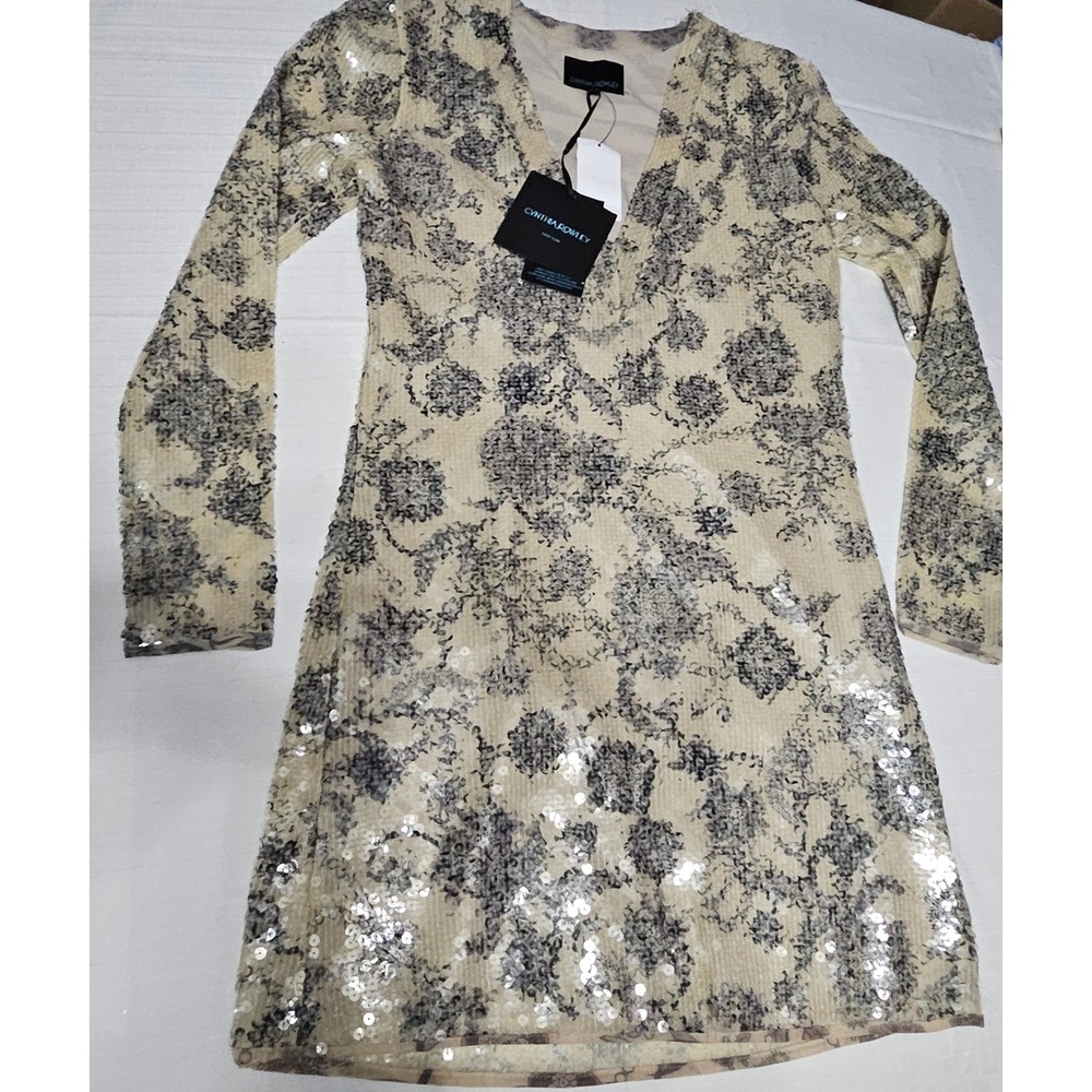 Cynthia Rowley Black Beige Sequin Floral V Neck Long‎ Sleeve Mini Dress Size 4